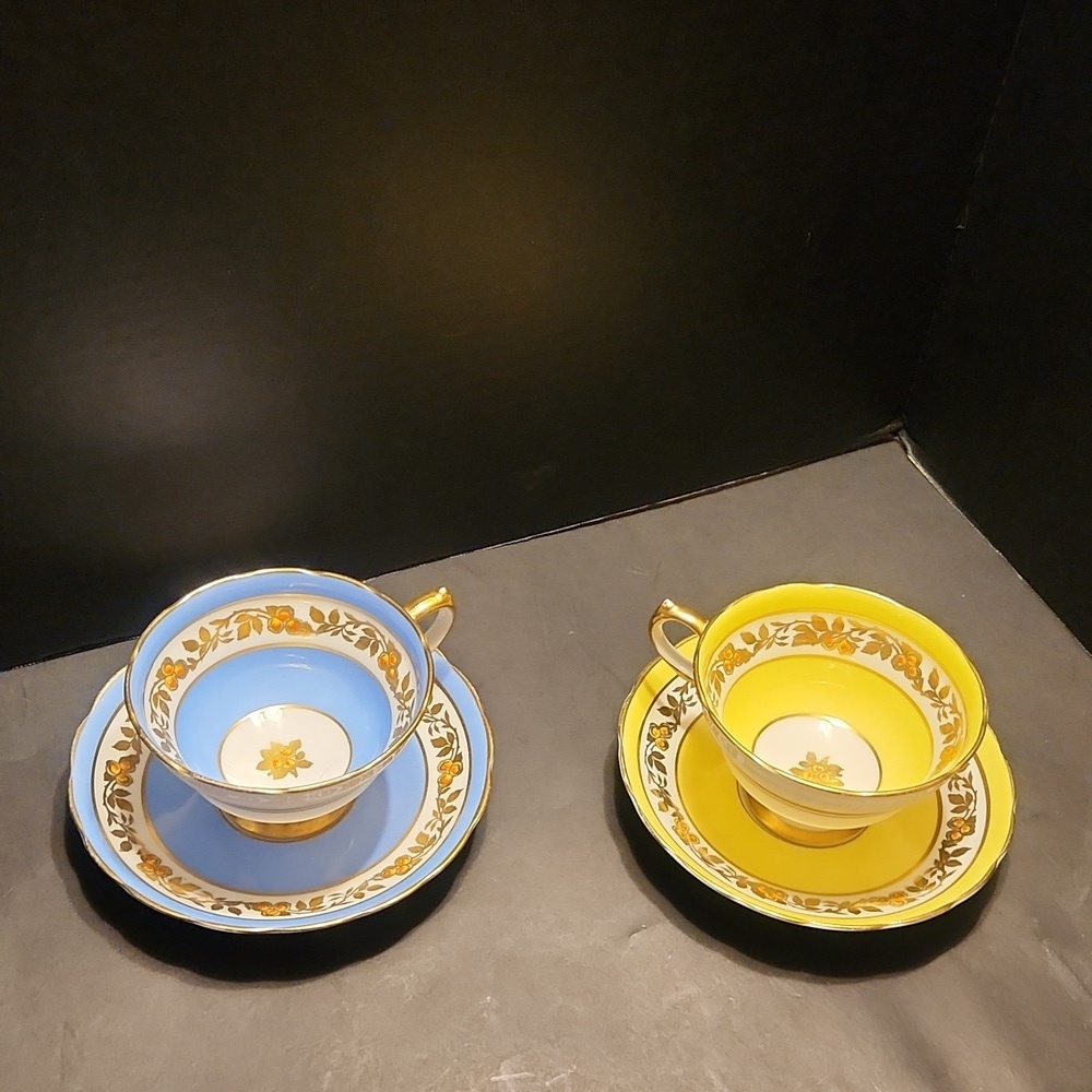 🫖GROSVENOR BONE CHINA SET OF TEA CUPS & SAUCERS BLUE AND YELLOW